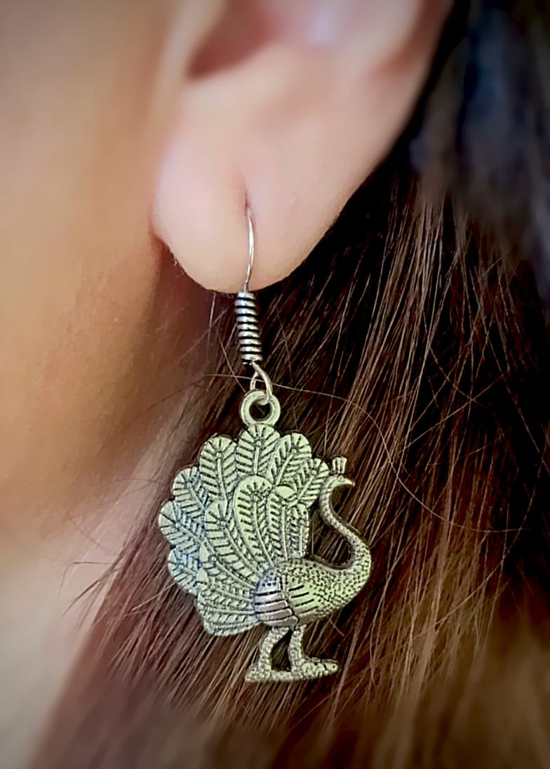 Peacock Drop Earrings – Antique Silver Charm
